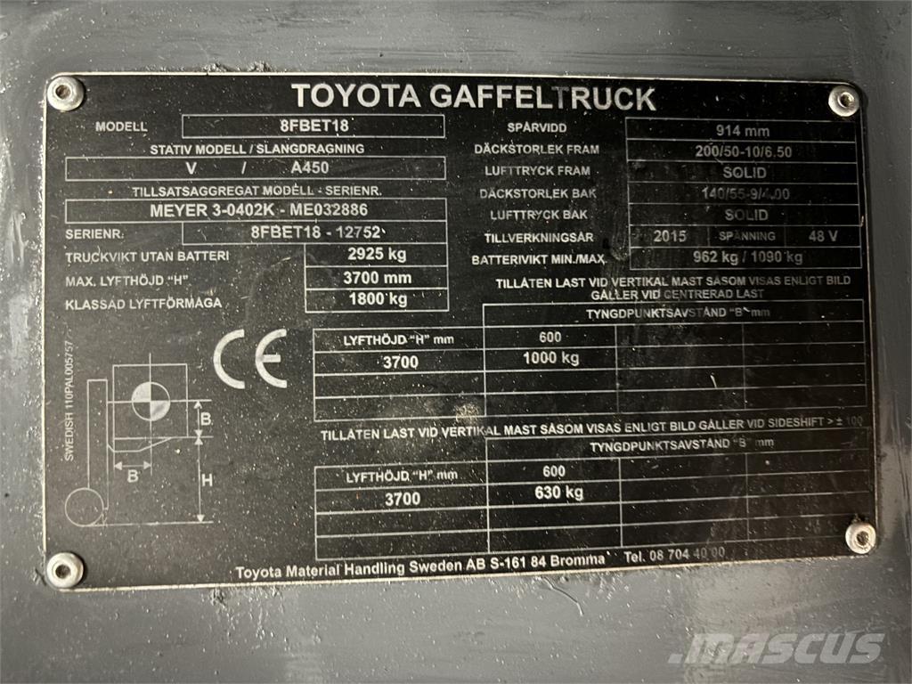 Toyota 8FBET18 Elektrikli forkliftler