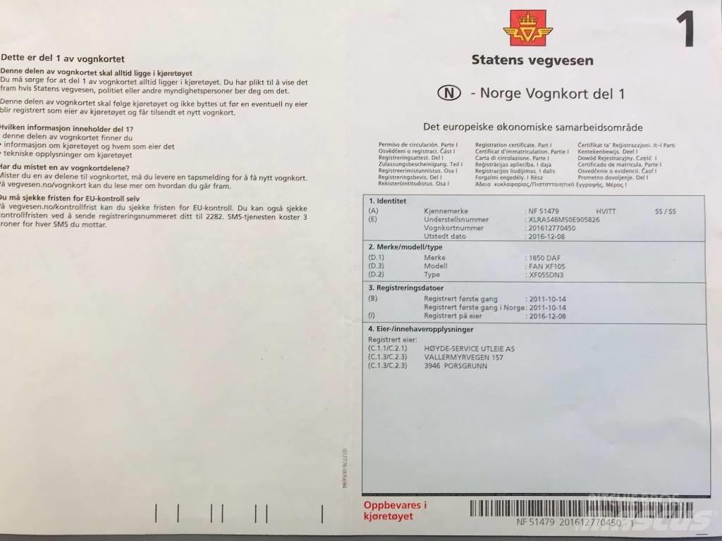 DAF 1850 FAN XF 105 Düz Platformlu Oto Çekiciler/vinçli kamyonlar