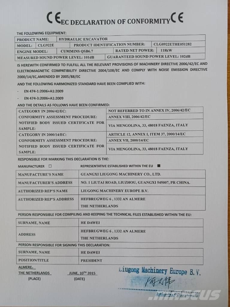 LiuGong CLG 922 E Paletli ekskavatörler