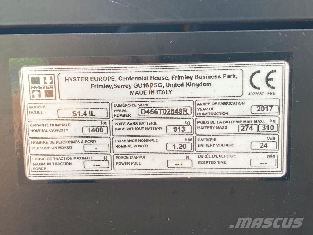 Hyster S 1.4 IL Yaya kumandali istif makinasi