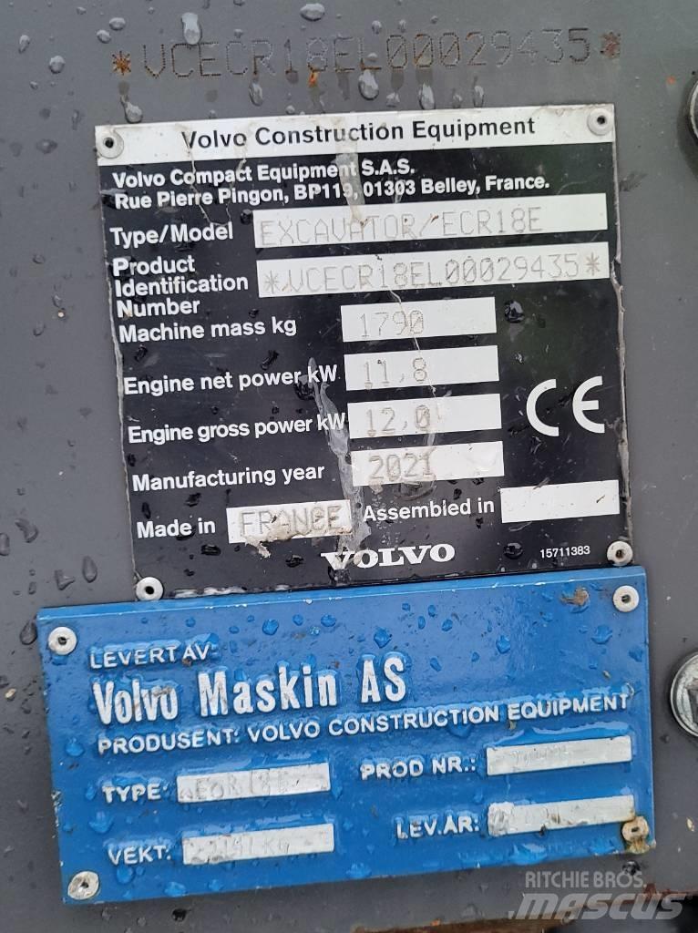 Volvo ECR18E Mini ekskavatörler, 7 tona dek