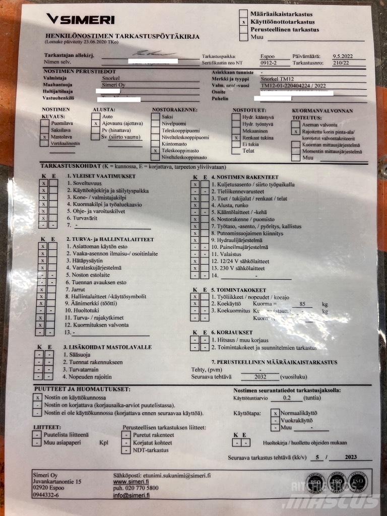 Snorkel TM 12 Personel Platformları ve Cephe Asansörleri