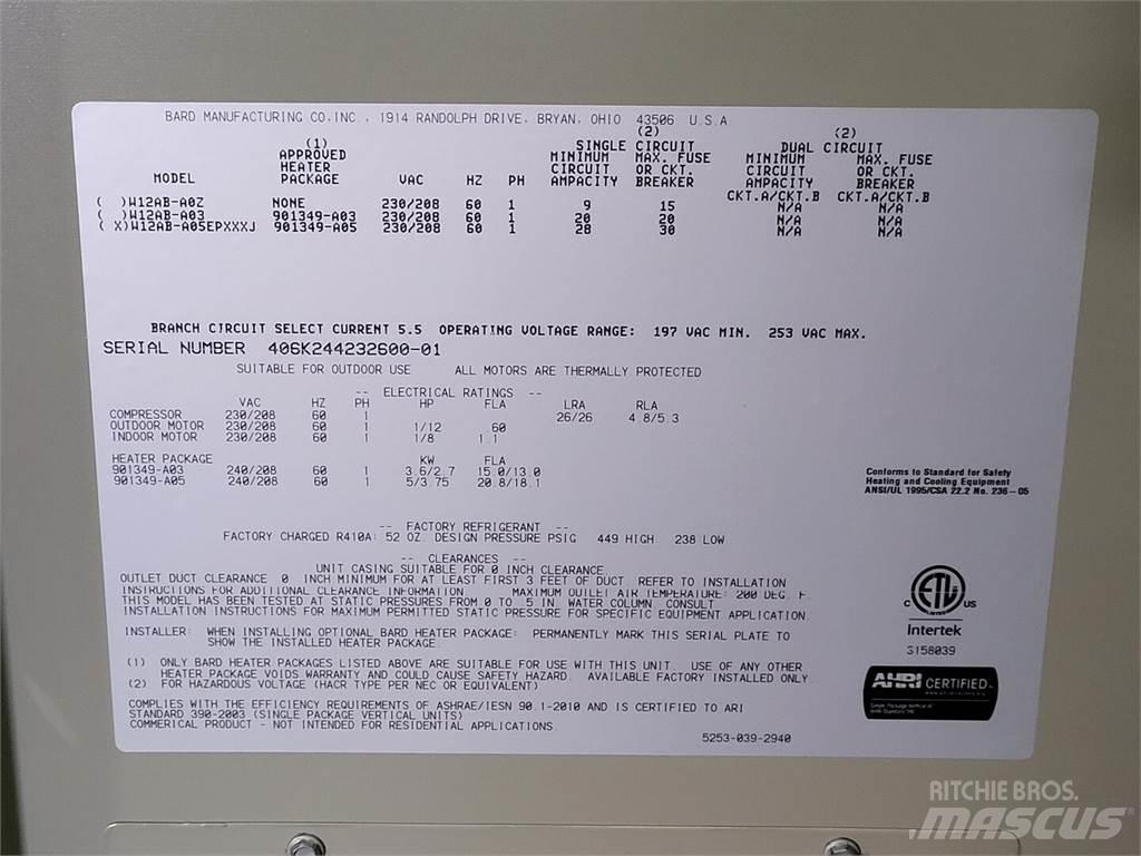  BARD W12AB-A05EPXXXJ Isıtma ve çözme ekipmanı