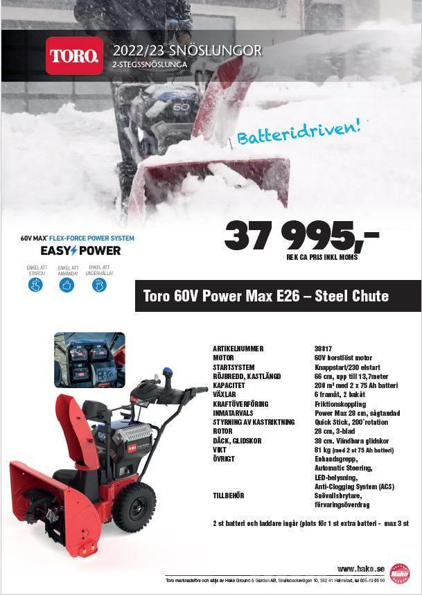 Toro Power Max E26 Batteridriven 2-stegs snöslunga Kar püskürtücüler